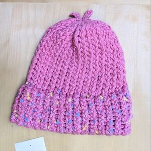 Hand knit pink cotton beanie hat kids size NEW